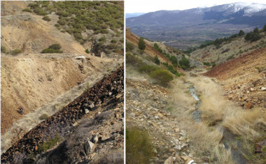 <p>Izquierda, imágenes de los restos de una mina abandonada. A la derecha, el torrente de agua que transporta los elementos contaminantes. / Fernando Garrido</p>