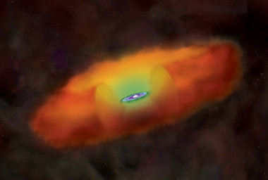 <p>Ilustración de un núcleo activo de galaxia, con agujero negro central rodeado de un disco de acrecimiento y una estructura de polvo externa con forma de rosquilla. / NASA/CSC/M.Weiss</p>