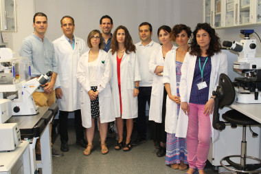 <p>El equipo de investigación que ha llevado a cabo este trabajo. De izquierda a derecha, Alejandro Rubio, José Antonio Lorente, María Jesús Álvarez-Cubero, Luis Javier Martínez-González, Olivia Santiago, Pedro Carmona, Ana María Pérez, Belén Martínez y Raquel Marrero. / Universidad de Granada</p>