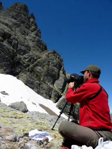 <p>Uno de los investigadores observa con el telescopio terrestre las paredes de roca donde crece <em>Primula pedemontana</em>. / Sonia Oreca.</p>