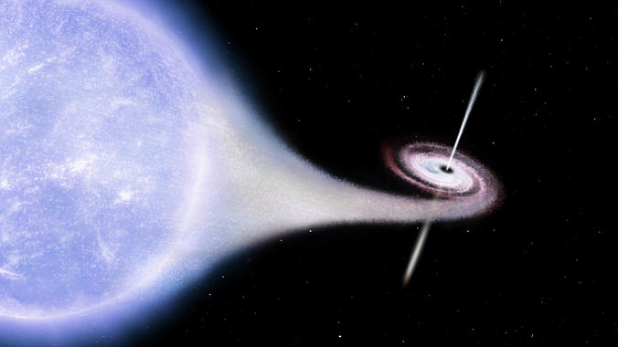 <p>Impresión artística del sistema binario Cygnus X-1. El gas de una estrella cercana se dirige en espiral al agujero negro, aunque una pequeña fracción se desvía por los campos magnéticos en chorros que se disparan hacia el espacio. <a href="http://www.agenciasinc.es/esl/imagenes/inicio/(imagen)/77444" target="_self">Imagen</a>: ESA.</p>