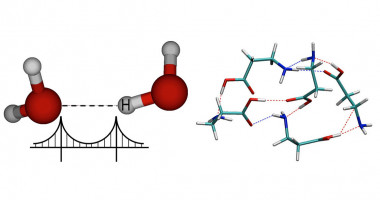 <p class=" text-left">Dos moléculas de agua conectadas por un enlace puente de hidrógeno, y ejemplo de una de las estructuras descubiertas. Se trata de un agregado formado por cinco moléculas del aminoácido β-alanina, conectadas por diversos puentes de hidrógeno. / UAM</p>