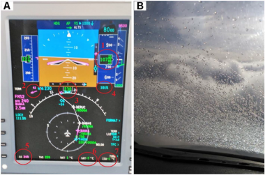 <p>Pantalla del avión comercial durante el episodio de formación de hielo y carga de hielo en el parabrisas. / P. Bolgiani et al. 2018</p>