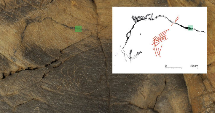 <p>Detalle de uno de los motivos pintados con la localización de la muestra datada (recuadro verde). A la derecha, calco de la pintura datada (en negro) y la figura zoomorfa esquemática infrayaciente (rojo). / GEPN-AAT/ IPHES</p>