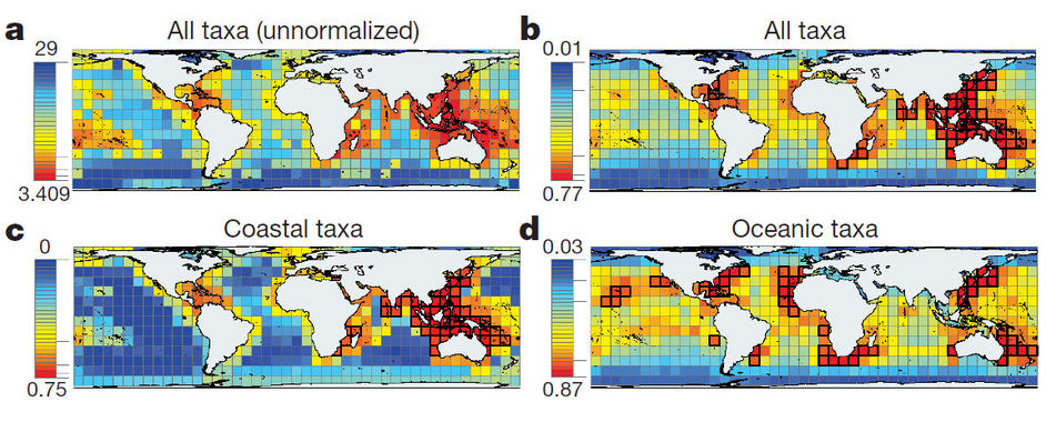 <p>Riqueza global de las especies. (a) Riqueza global de todas las especies marinas (b) todos los taxones (c) taxones costeros primarios (d) taxones oceánicos primarios. <a href="http://www.plataformasinc.es/index.php/esl/infografias/inicio/(imagen)/57743" target="_blank">Mapa</a>: Derek Tittensor et al.</p>