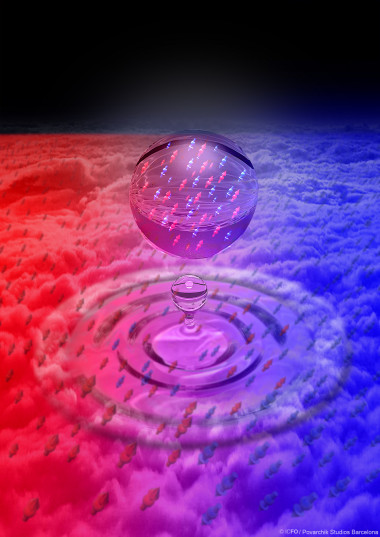 <p>Visión artística de una gota cuántica formada al mezclar dos gases de átomos de potasio ultrafríos. / ICFO/PovarchikStudiosBarcelona</p>
