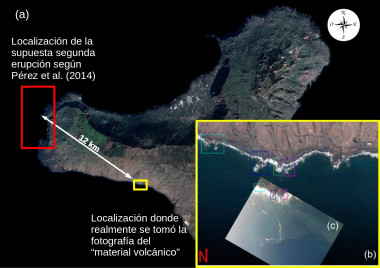 <p>a) Localización de la supuesta erupción según Pérez et al 2014 en rojo. En amarillo zona donde realmente se tomó la fotografía del supuesto material volcánico flotando en el mar. b) Zoom a la zona de la fotografía y c) fotografía tomada en Julio de 2012 con las zonas de costa reconocibles en recuadros.</p>