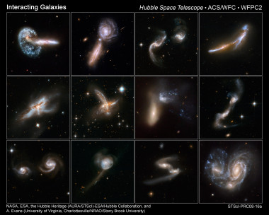 <p>Varios ejemplos de galaxias masivas fusionándose entre sí. / NASA, ESA, the Hubble Heritage and Collaboration, y A. Evans</p>