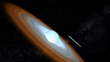 <p>La estrella masiva tipo Be gira a gran velocidad y expulsa un disco de materia que es atraído por el agujero negro y absorbido a través de un disco de acreción. / Gabriel Pérez - SMM (IAC)</p>