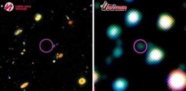 <p>Imágenes del cielo en torno a una de las galaxias masivas y distantes descubiertas en este trabajo. A la izquierda se muestra una imagen construida con datos en distintas longitudes de onda tomados por el Hubble. El círculo rosa muestra la posición de una de las galaxias descubiertas, donde este telescopio no detecta nada. Sin embargo, Spitzer (derecha) claramente registra una fuente brillante en el infrarrojo medio. / CAB</p>