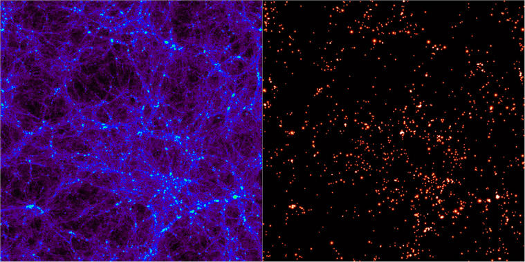 <p>A la izquierda, halos de materia oscura durante el proceso de formación de una galaxia. A la derecha, estos halos, con una masa de 300 mil millones de masas solares, crean una galaxia con estrellas. Imagen: Virgo Consortium/Alexandre Amblard/ESA/Nature.</p>