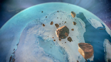 <p>Un asteroide de 1,5 kilómetros, entero o en pedazos, se estrelló contra una capa de hielo al noroeste de Groenlandia en tiempos geológicamente recientes. / NASA Scientific Visualization Studio</p>