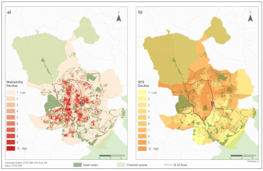 <p>A la izquierda, el índice de caminabilidad de las secciones censales de Madrid ciudad, siendo 1 (el color más claro) el más bajo y 10 (rojo) el más alto. A la derecha se representa su nivel socioeconómico. / Universidad de Alcalá</p>