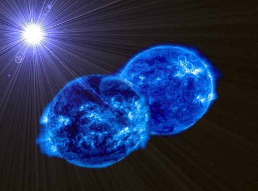 <p>Representación artística del sistema MY Cam. Las proporciones entre las componentes reflejan los resultados del análisis. Las estrellas están deformadas por su rapidísima rotación y la atracción gravitatoria de la compañera. / Javier Lorenzo (Universidad de Alicante)</p>