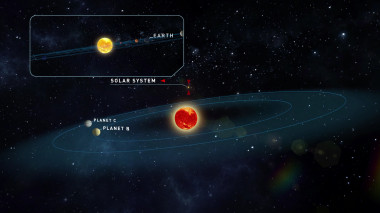 <p>Recreación artística del sistema de la Estrella de Teegarden, mostrando también nuestro sistema solar. / Universidad de Göttingen</p>