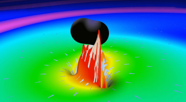 <p>Instante de una simulación en la que se fusionan dos agujeros negros. La colisión de dos agujeros de gusano en rotación desencadenaría una deformación del espacio-tiempo similar pero dejando ‘ecos’ en la señal. / LIGO Lab Caltech (MIT)</p>