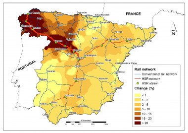 <p>Mapa de accesibilidad de líneas de alta velocidad. Imagen: Emilio Ortega Pérez.</p>