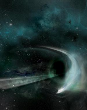 <p>Recreación artística de la absorción de la estrella por el agujero negro. Un potente chorro sale disparado del agujero negro formando un haz de luz brillante. Imagen: Aurore Simonnet, Sonoma State University.</p>