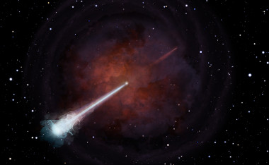 <p>La fusión de las dos estrellas de neutrones produjo una envoltura de material (ilustrada en tonos rojizos) que atravesó el <em>jet</em> o chorro (en blanco) observado después viajando a casi la velocidad de la luz. / Beabudai Design</p>