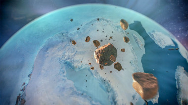<p>Un asteroide de 1,5 kilómetros, entero o en pedazos, se estrelló contra una capa de hielo al noroeste de Groenlandia en tiempos geológicamente recientes. / NASA Scientific Visualization Studio</p>