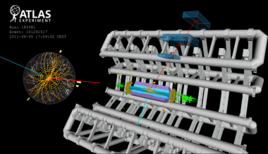 <p>Evento candidato a un bosón W que se desintegra en un muón y un neutrino registrado por el experimento ATLAS con colisiones entre haces estables del LHC a una energía de 7 TeV. / CERN</p>
