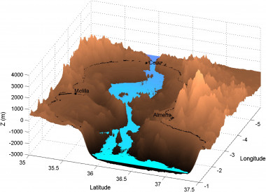 <p>Vista tridimensional del mar de Alborán con el nivel del agua después de 15 días de inundación. / US</p>