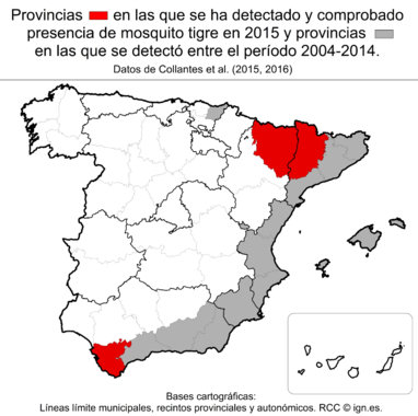<p>Mapa de las provincias de España afectadas por el mosquito tigre, en rojo las incorporadas en 2015. / CREAF</p>