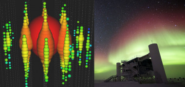<p>El detector de neutrinos IceCube puede fotografiar la luz (llamada radiación de Cherenkov) generada por la cascada de partículas que produce un neutrino al chocar con el hielo en la Antártida. Así han registrado la energía y dirección del neutrino HESE-35 o Caponata (a la izquierda). / IceCube/NSF</p>