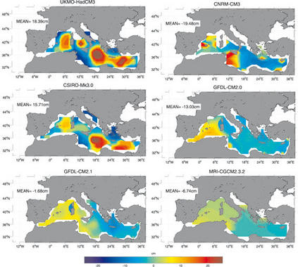 <p>Variación de la componente estérica del nivel del mar, causada por variaciones de temperatura y salinidad, durante el siglo XXI para diferentes modelos de circulación general atmósfera-océano bajo el escenario de cambio climático. Mapa: Marta Marcos / SINC.</p>