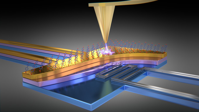 <p class=" text-left">Esquema del dispositivo usado para observar la refrigeración termoeléctrica en una unión molecular. / UAM</p>