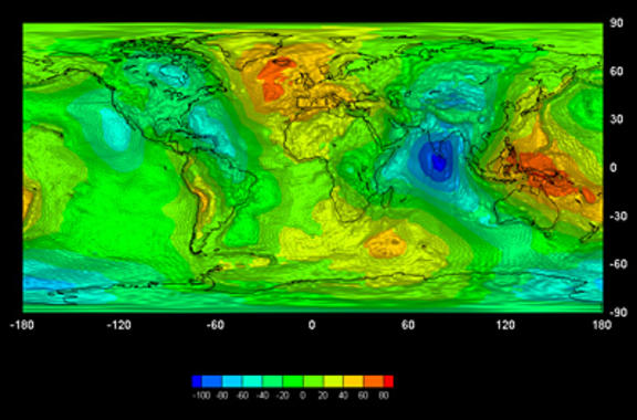 <p>Primer mapa global del campo gravitatorio obtenido por GOCE. Imagen: ESA.</p>