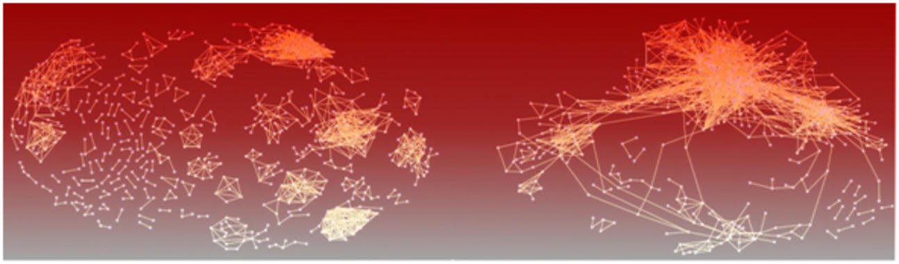<p><a href="http://www.plataformasinc.es/index.php/esl/imagenes/inicio" target="_blank">Figura</a> publicada en PLoS Comput Biol 5(3): e1000331 en la cual se representan en la parte izquierda relaciones de similitud estructural que pueden dar lugar a una clasificación, en la cual las proteínas en cada grupo suelen haberse generado por divergencia evolutiva, y en la parte derecha relaciones de similitud que producen un espacio continuo, y en la cual dos proteínas relacionadas suelen compartir sólo una parte de su estructura.</p>