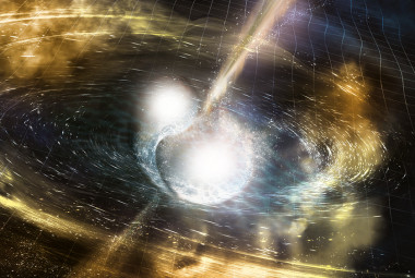 <p>Ilustración de dos estrellas de neutrones en el momento de fusión. La cuadrícula muestra las ondulaciones en el espaciotiempo (las ondas gravitatorias), mientras que los haces de luz estrechos representan los estallidos de rayos gamma. Las nubes de material expulsado por las estrellas en la fusión brillan en varias longitudes de ondas, entre ellas el visible. / NSF/LIGO/Sonoma State University/A. Simonnet. </p>