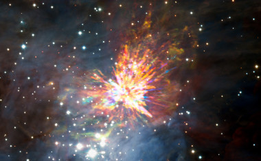 <p>Explosión estelar en Orión detectada con los datos de ALMA, aunque la fotografía también incluye imágenes del infrarrojo cercano captadas con los telescopios Gemini Sur y VLT del Observatorio Europeo Austral. / ALMA (ESO/NAOJ/NRAO), J. Bally/H. Drass et al.</p>