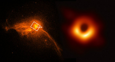 <p>En el núcleo de la galaxia M87 (a la izquierda) se ha captado la primera imagen de un agujero negro (a la derecha). / Primera foto de NASA/CXC/Villanova University/J. Neilsen y segunda de la colaboración EHT</p>