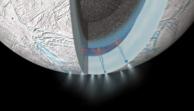 <p>Ilustración de Encélado, con su océano subterráneo y los supergéiseres que emanan por el polo sur. / NASA/JPL-Caltech</p>