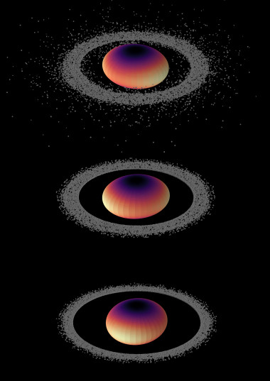 <p>Resultado de una integración numérica que muestra la evolución de unas 700 partículas, que orbitan alrededor de un cuerpo similar a Cariclo (elipsoide de 314 x 278 x 172 km) y sujetas a una fuerza disipativa radial que simula el efecto de las colisiones. Después de tres meses (panel superior), la mayoría de las partículas dentro de la corotación (a 190 kilómetros del centro de Cariclo) cayeron sobre el cuerpo. Después de un año (panel central), se ha vaciado el área interna, y después de un año (panel inferior) las partículas continúan su migración hacia las áreas externas. / IAA</p>