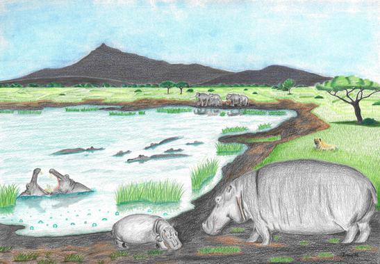 <p>Reconstrucción paisajística del lago de La Hoya de Baza en las inmediaciones de Orce durante el Pleistoceno inferior. / Irene Nieto León / UMA</p>