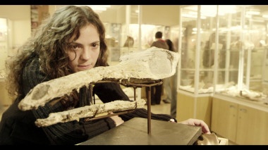 <p>Pie de foto. Cráneo de Maleodictosuchus con la autora principal de la investigación (Jara Parrilla). Foto Aragosaurus.</p>