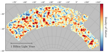 <p>Mapa de la materia oscura realizada a partir de medidas de lente gravitatoria de 26 millones de galaxias por el Dark Energy Survey. El mapa cubre aproximadamente una trigésima parte de todo el cielo y abarca varios miles de millones de años luz en extensión. Las regiones rojas tienen más materia oscura que la media; las regiones azules, menos. / Chihway Chang del <em>Kavli Institute for Cosmological Physics </em>de la Universidad de Chicago, y la colaboración DES.</p>