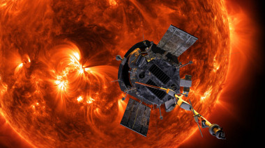 <p>Ilustración de la nave Parker Solar Probe en frente del Sol. / NASA/Johns Hopkins APL/Steve Gribben</p>