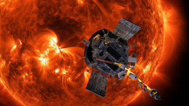 <p>Ilustración de la nave Parker Solar Probe en frente del Sol. / NASA/Johns Hopkins APL/Steve Gribben</p>