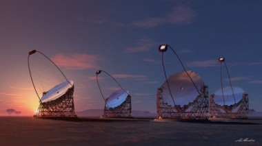 <p>Representación artística de los cuatro telescopios gigantes propuestos para el CTA / IFAE, Consorcio CTA</p>