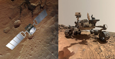 <p>Un reanálisis de los datos recogidos por la sonda Mars Express (izquierda) en Marte ha detectado una emisión de metano el 16 de junio de 2013, justo en la zona del cráter Gale donde un día antes el rover Curiosity (derecha) también registró el gas. / ESA et al./NASA et al.</p>