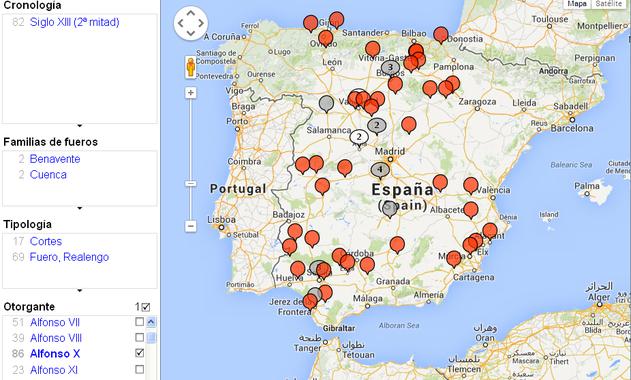<p>El mapa permite realizar filtros cronológicos por tipo de normas y otorgantes, como es el caso de Alfonso X / HPJP.</p>