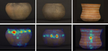 <p>La decoración de las cerámicas (arriba) imponen la forma de mirar que, a su vez, refleja como pensaban quienes las construyeron. Abajo se aprecian los mapas de densidades de las fijaciones visuales. / UMH-CSIC</p>