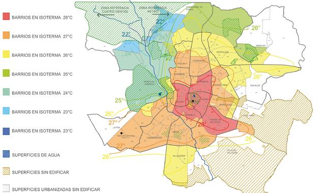 <p>Influencia de la isla de calor urbana en Madrid según barrios. / UPM</p>