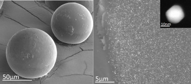 <p>Vista de una de las microcápsulas de resina (izquierda) en la que se encuentran protegidas las nanopartículas de oro (que se ven como puntos brillantes en la ampliación de la foto derecha). En el recuadro de la esquina se muestra una nanopartícula individual. / Unizar-INA</p>