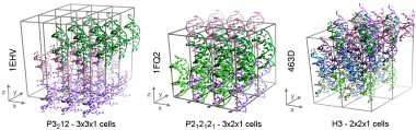 <p>Representación de los tres sistemas cristalinos estudiados en este trabajo, que contienen respectivamente (de izquierda a derecha) 27, 24 y 36 moléculas doble-hebra de ADN. / Pablo Dans Puiggròs / IRB Barcelona</p>