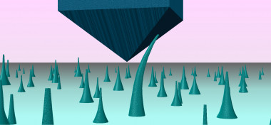 <p>Esquema de una ‘nanoaguja’ de diamante siendo doblada por una punta también de diamante. / Yang Lu et al.</p>